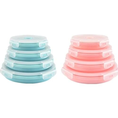 4pcs/set Portable Folding Lunch Boxes Round Silicone Lunchbox Microwave Bento Box Kitchen Food Containers WB953
