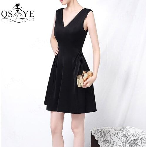 Simple Short Black Prom Dresses 2021 Unique Cutting Evening Dress A Line Party Gown Satin Girl Prom Gown V Neck Drop Waistline