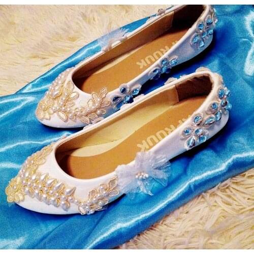 Plus size ivory pearls sexy flats shoes for woman handmade luxury bridal brides bridesmaid champagne lace wedding flats shoe