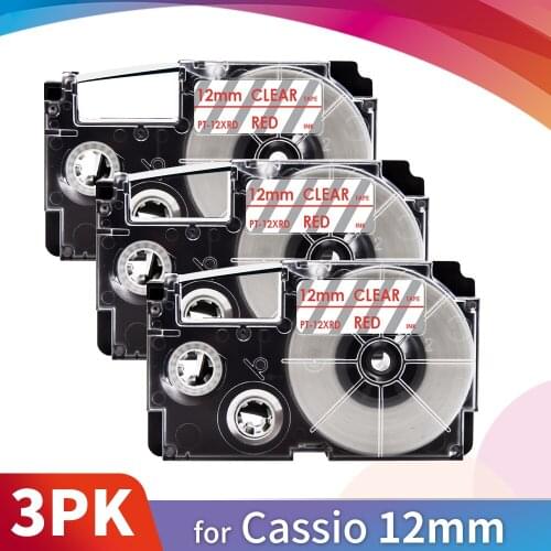 Topcolor 3PK XR-12XRD Red on Clear 12mm*8m Replace Casio Label Tape XR 12XRD Label Maker for Casio Labeller KL8100 8200 7000 100