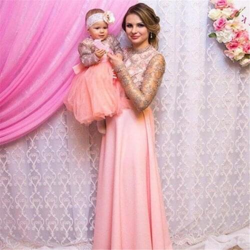 Long Sleeve Vintage Lace Chiffon Mother Daughter Pink Birthday Party Dresses Mom Kids Girls Pageant Dresses Custom