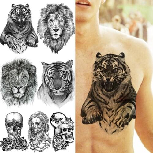 Large Black Tiger Temporary Tattoos For Men Women Lion Skull Face Rose Flower Butterfly Fake Tattoo Sticker Body Arm Tatoos