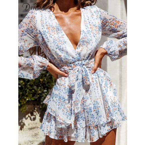 DICLOUD Womens Playsuits Bow Long Sleeve High Street Rompers V Neck Print Ladies Party BodySuits Fashion Autumn Clothes Female
