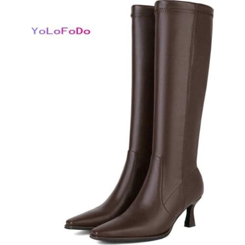 2021 Autumn Winter Women Knee High Boots Fashion Thin High Heel Square Toe Ladies Calf Boots PU Leather Side Zipper Womens Boot