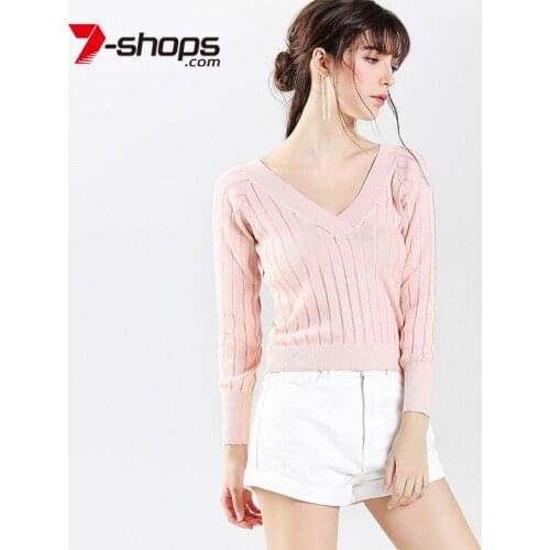 AECU AB0047 Double V-neck Cotton Long Sleeve Women Sweater Vertical Stripes Female Sweatwear Women Spring Pullover Jumper
