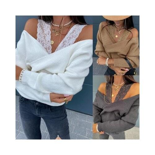 Sexy Womans Spring Autumn Sweater Ladies Patchwork Design Lace Decor Halter Long Sleeve Solid Color Casual Loose Pullovers Tops