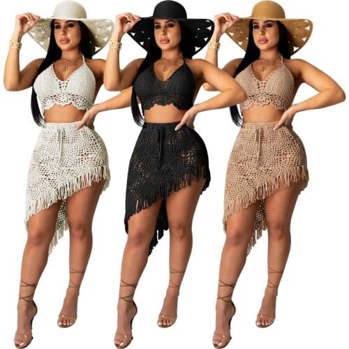 Women Knitted Beach Swimsuit Backless Bikini Bar Top + Asymmetric Lace Up Skirt Sexy Crocheted Tassled Casual Suit Beach Cover