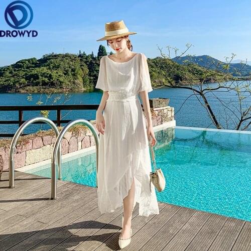 White Summer Sexy Women Long Dress Short Sleeve O-neck Asymmetrical Splitting Dresses Beach Holiday Party Ladies Vestidos 2021