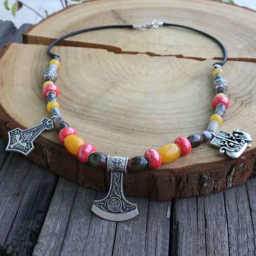 1pcs Ceramics And Natural Semi-precous Stone Necklace,Slavic Jewelry,Boat, Hammer,Viking Dress Tribal Talisman Jewelry For Women