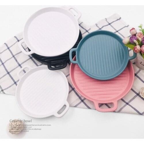 8 Inch Anti-scalding Double Ear Ceramic Bakeware,Dinner Plate,Solid Color Pizza Plate,9 Inch Nordic Threaded Steak Plate