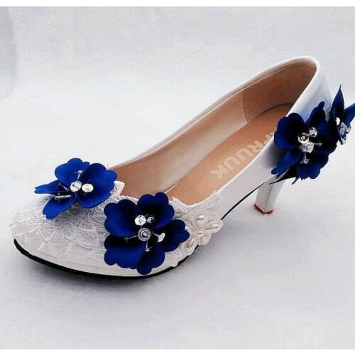 9CM blue flower wedding pumps shoes woman handmade sweet designer royal blue flowers lace platforms pumps shoes bride plus size