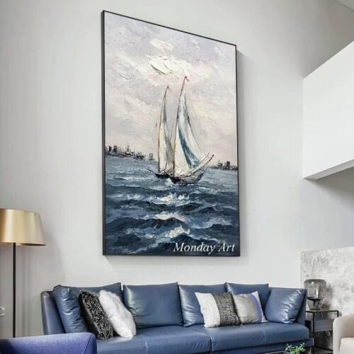 100%Hand paint Seascape Blue Sky Sea landscape Clouds Canvas Painting Poster Modern Wall Art Pictures For Living Room home decor