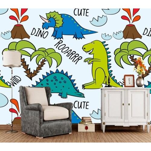 Custom childrens wallpaper, cartoon dinosaurs and tropical plants murals for boys and childrens room background home decor