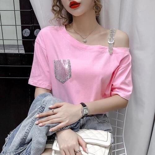 Design sense niche oblique shoulder short-sleeved t-shirt 2021 summer new fashion all-match casual bottoming shirt women