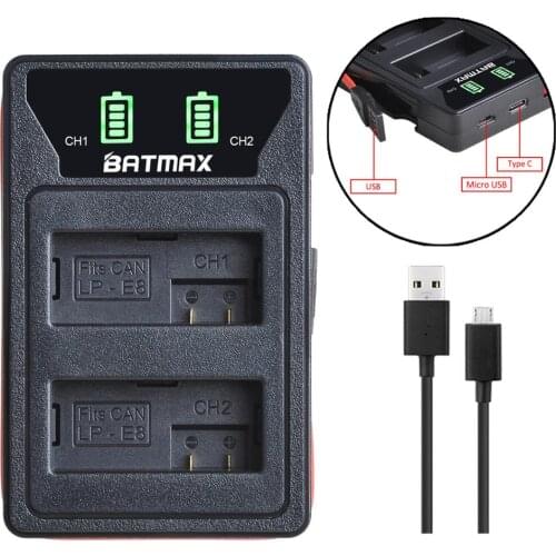 Batmax LP-E8 LPE8 LP E8 LED USB Dual Charger with Type C Port for Canon Rebel T2i T3i T4i T5i EOS 550D 600D 650D 700D