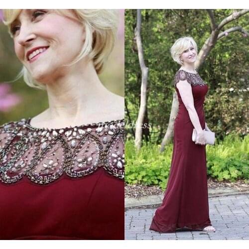 Elegant Burgundy Mermaid Mother Of The Bride Dresses Floor Length Chiffon Beads Mother Wedding Guest Gowns Women Prom Party Dres
