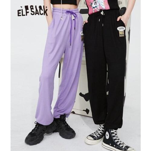 ELFSACK Solid Pure Drawstring Straight Casual Women Pants,2021 Spring Vintage High Elastic Waist,Ladies Basic Daily Trouser