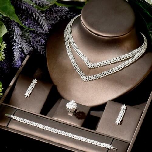 HIBRIDE 2 Layers Drop Necklace Earring Set for Women Wedding Accessories Full Cubic Zircon Dubai Bridal jewelry Set N-1841