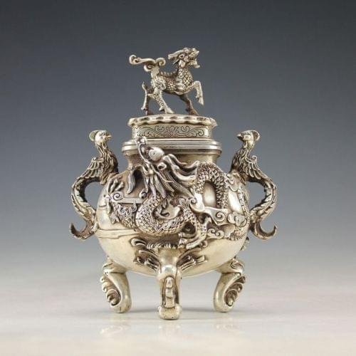 Exquisite Oriental Vintage White Copper Handwork Dragon Incense Burner with Qianlong Mark