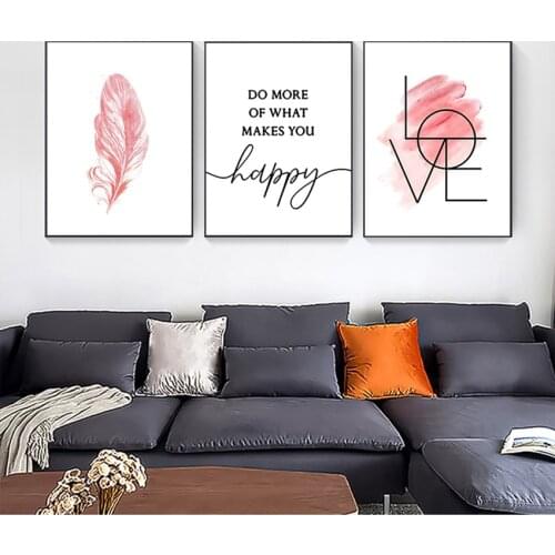 For Girl Room Canvas Painting for Living Room Nordic Style Pink Feathers Posters and Prints Love Poster Simple Decortion Picture