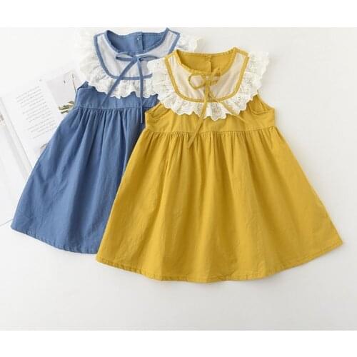 Sweet Casual Bowknot Girls Dress High Waist Solid Color Dresses Cotton Skin Friendly Breathable Comfortable for Summer