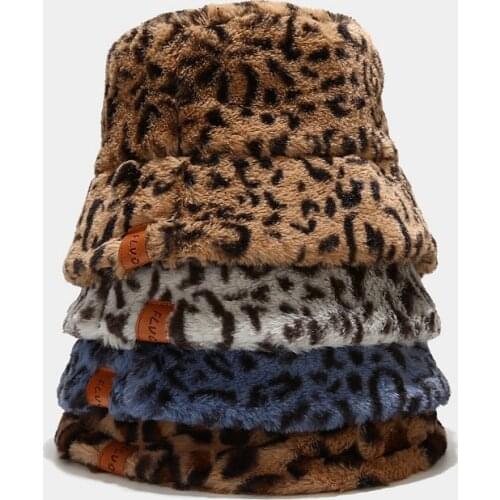 New Soft Bucket Hat Warm Fishing Cap Gorros Leopard Straight Hat Winter Plush Thick Hip-Hop Street Hat Women Lady Gorros