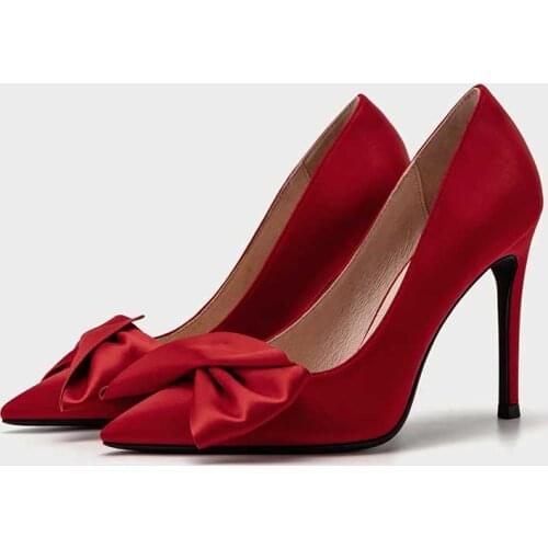 Spring new stiletto high-heeled pointed toe size bow silk wedding shoes low-heel banquet dress all-match womens single shoes