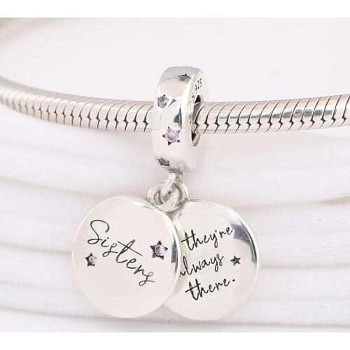Authentic S925 Silver Forever Sisters With Crystal Pendant Hanging Bead Charm for Women Bracelet Bangle DIY Jewelry