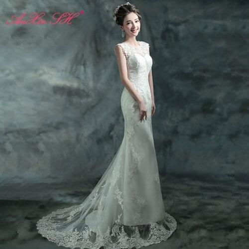 AXJFU Luxurious lace backless sexy slim bride wedding dress fishtail tail wedding dress Korean winter new 376Q S