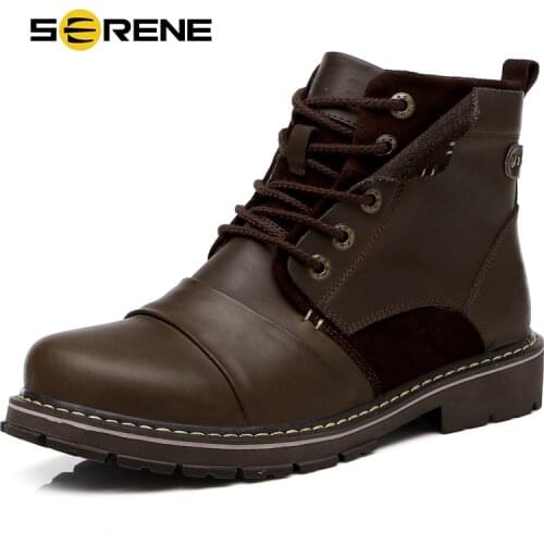 SERENE Brand Mens Winter Boots Warm Genuine Leather Russian style Mens Snow Boots Cow Split Male Tooling Boot Working shoes