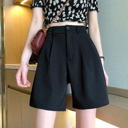 Shorts Women Summer Button Knee-length Black Wide-leg Loose Drape Korean Casual Womens Office BF Streetwear Fashion Simple Y91