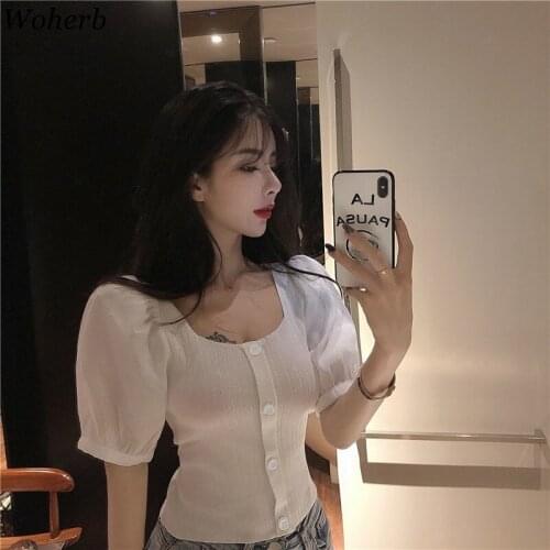 Women Summer Short Sleeve T-Shirt Knit Puff Square Collar New Korean Tee Casual Sexy Solid Black Green Tops T-ShirtsYM160