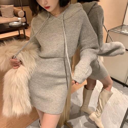 Hooded knitted dress women 2021 autumn and winter new long-sleeved short gray and black sweater dresses