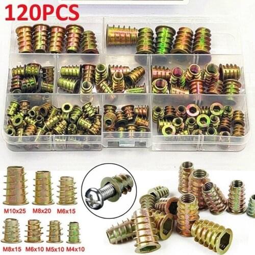 120PCS Assorted M4 M5 M6 M8 M10 Zinc Alloyl Thread for Wood Insert Nut Flanged Hex Drive Head Furniture Nuts