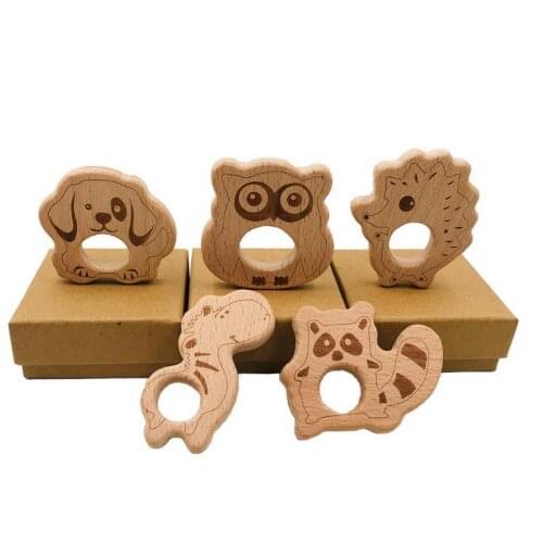 200pcs Lovely Wooden Teether Pure Natural Cartoon Animal Baby Teething Nursing Beech Teether Toddle Pendant Toys