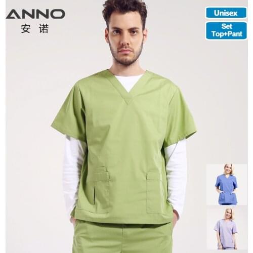 ANNO Summer Nursing Scrubs Clothes Set Top Pant Nurse Uniform Male Female Solid Clothing Hospital Staff Work Wear