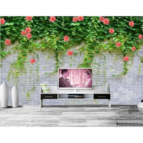 Custom large murals papel de parede,Brick background green leaves and red flowers,living room sofa tv wall bedroom 3d wallpaper