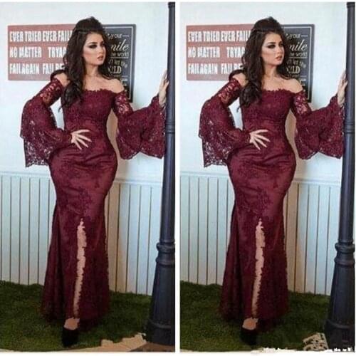 Burgundy Sexy Off Shoulder Lace Evening dress Wear 2020 Long Sleeves Mermaid Appliques Saudi Arabic Forma Prom Dress