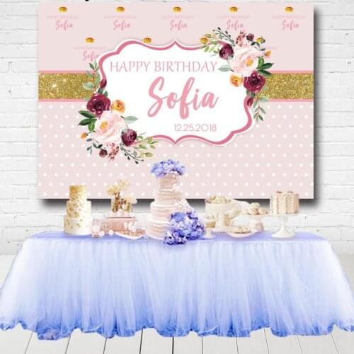 Pink Flower Photography Backdrop Custom Gold Glitter Polka Dots Girls Happy Birthday Backgrounds For Photo Studio