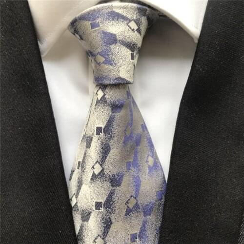 10 cm Width New Design Mens Ties Jacquard Woven Neck Tie Luxury Silk Necktie with Gray Blue Plaids Grids