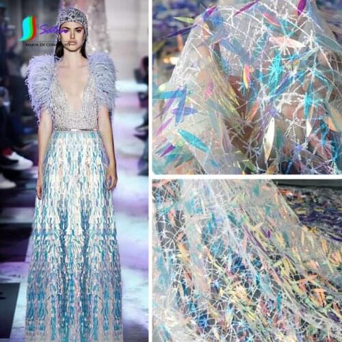 Fashion Gradient Sequins Laser Lace Embroidered Mesh Fabric Party Dinner Wedding Dress Gorgeous Laser Diy Material Fabric