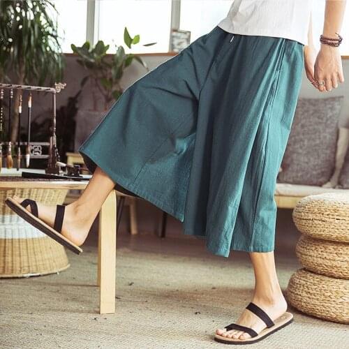 Summer Cotton Linen Mens Wide Leg Calf-length Pants Casual Chinese Style Breathable Trousers H43