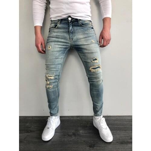 2021 Mens Casual Denim Trousers with Zipper Closure Type and Pencil Skinny Jeans Pocket and Hole Decoration Men Clothing