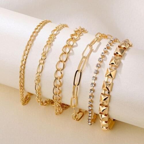 6 Pcs/Set Gold Color Link Chain Bracelets Set for Women Classic Basic Chain Bracelets Multiple Layered Wristband Hand Jewelry