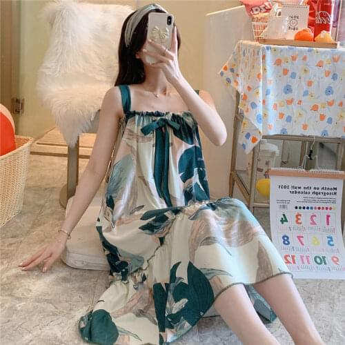 Women Nightgown Cute Cotton Night Dress Sexy Bow Strap Casual Home Dress Night Shirt Floral Print Sleepwear Girl Nightwear shirt