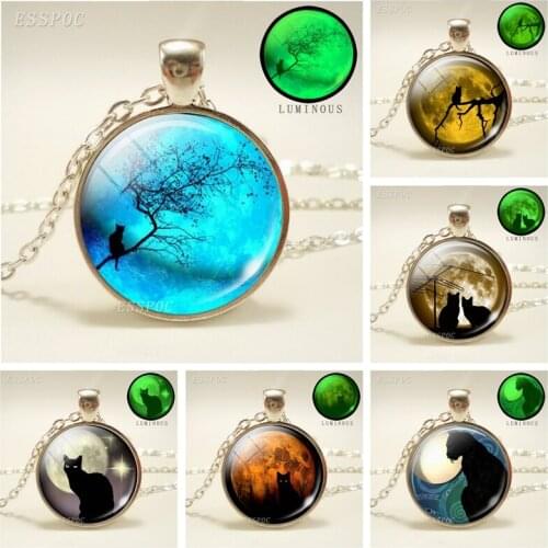 Full Moon and Black Cat Glass Cabochon Pendant Necklace Glow In The Dark Luminous Necklace Fashion Accessories Gift for Women