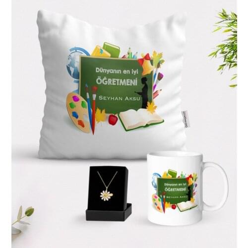 Personalized World Best Teacher White Mug Cushion and Is Daisy Necklace Gift Seti-26