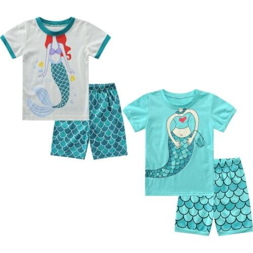 Cute Baby Girls Mermaid Clothes Set Summer Cotton Kids Sleepwear Casual Short Sleeve T-shirt And Shorts 2Pcs Girls Pajamas Suit