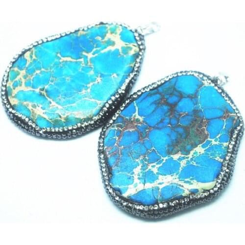 Blue Jasperr charms pendants with crack line plus rhinestone for luxury jewelry making size 60x45mm