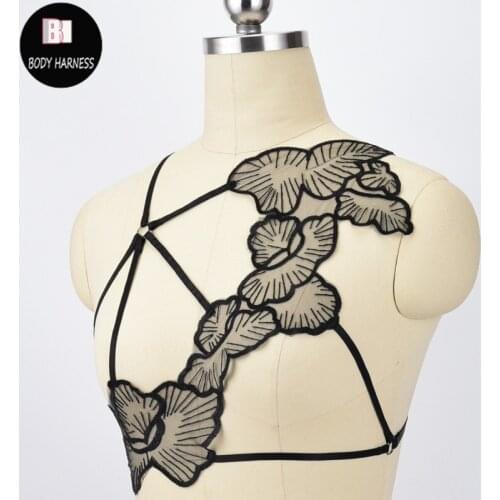 Black Gothic Body Lace Harness Sexy Body Harness Bondage Fetish Top Harness Bra Sheer Flowers Cage Bra Hollow Out Bralette